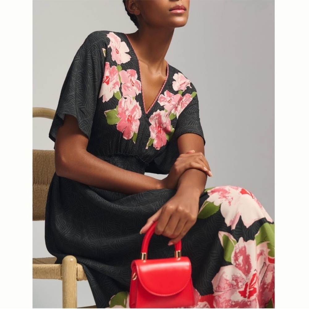 NWT Anthropologie Bl-nk London Tatiana Kaftan Black Floral V-Neck Midi Dress OS - Picture 2 of 7